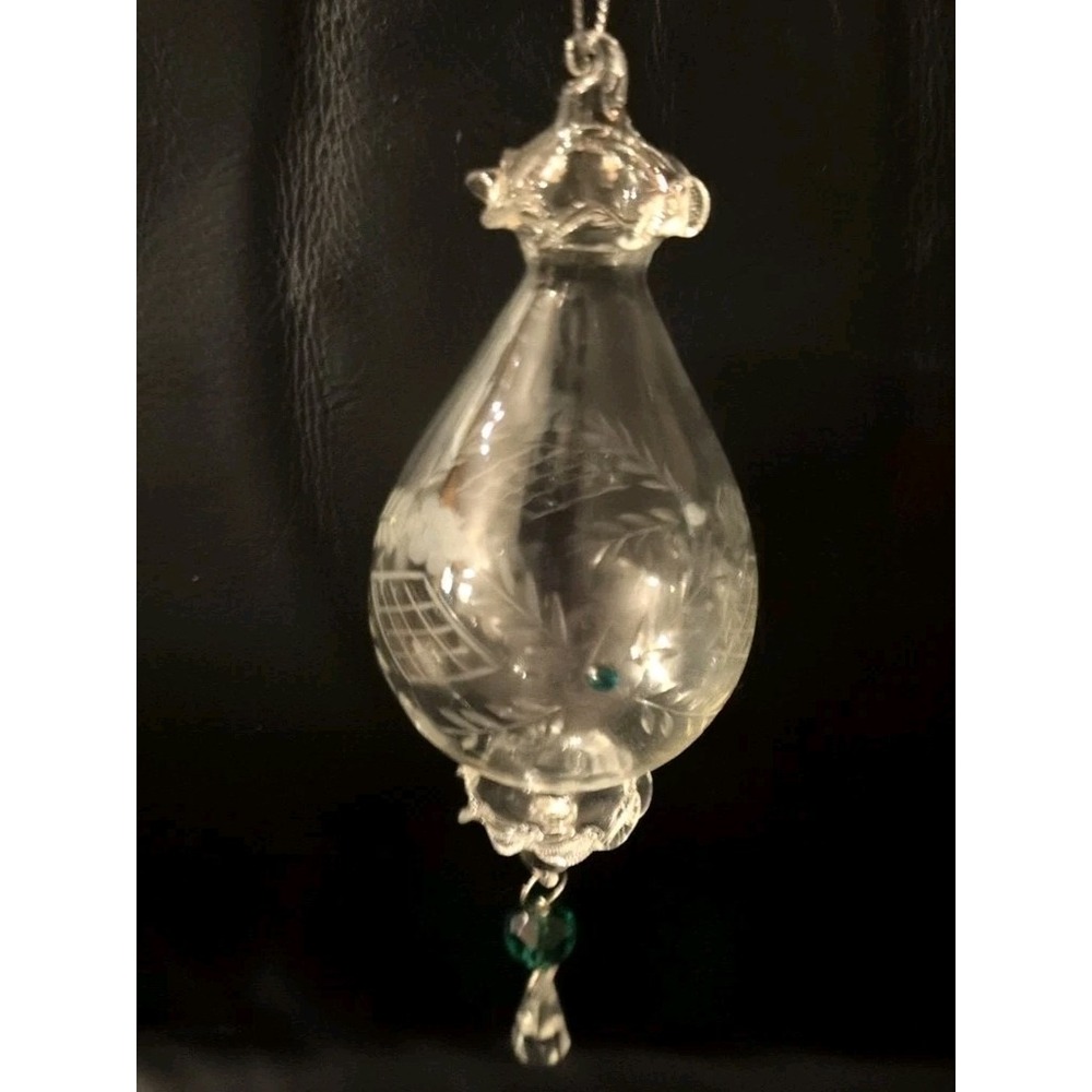 Hand Blown Clear Etched Glass Ornaments XMAS Dangling Green & Prism 9" Lot 2